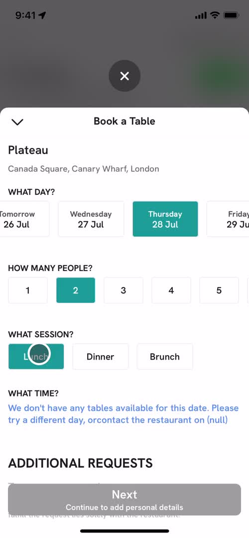 Booking a table screenshot