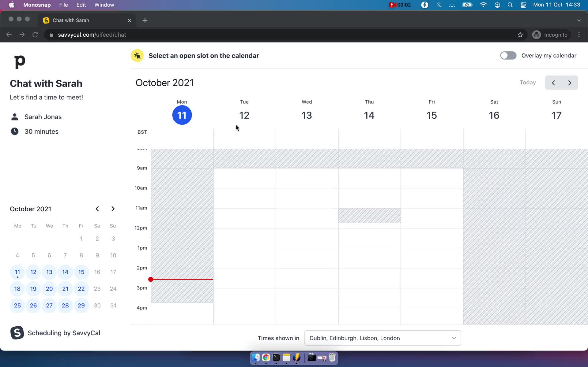 Screenshot of Book a time on Scheduling a meeting on SavvyCal user flow