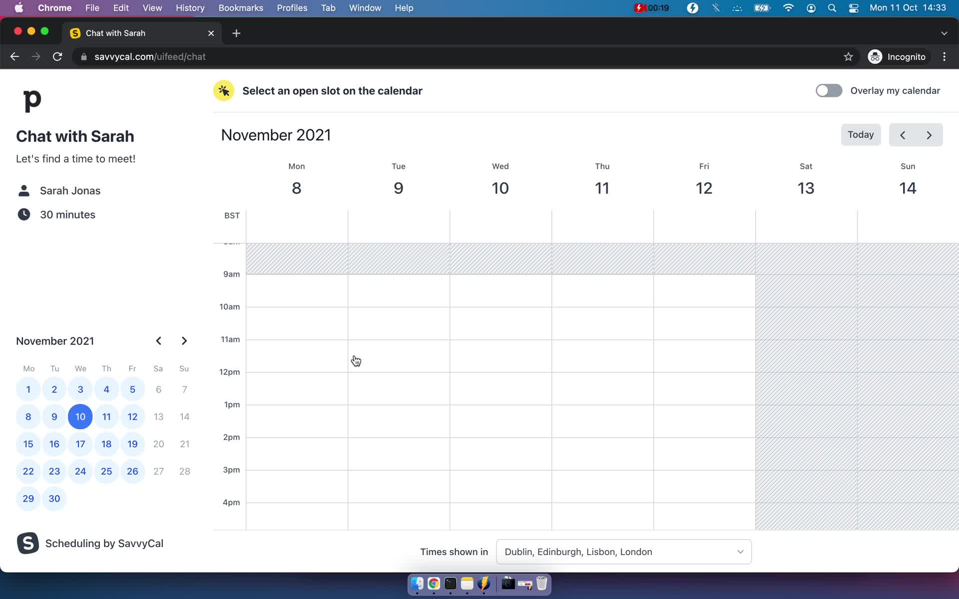 Screenshot of Select time on Scheduling a meeting on SavvyCal user flow