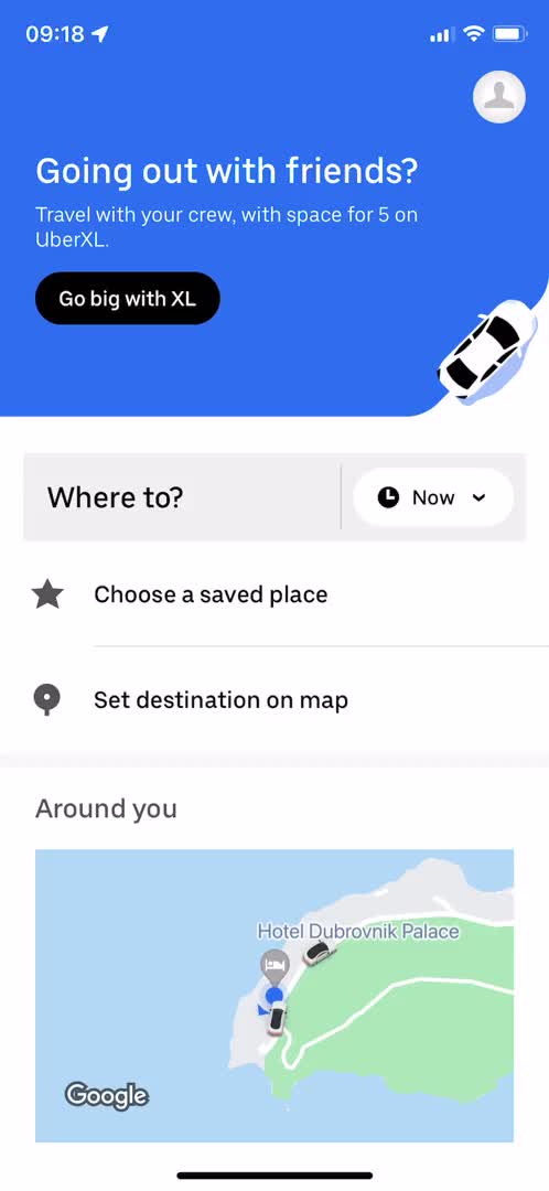 Screenshot of Home on Booking transport on Uber user flow