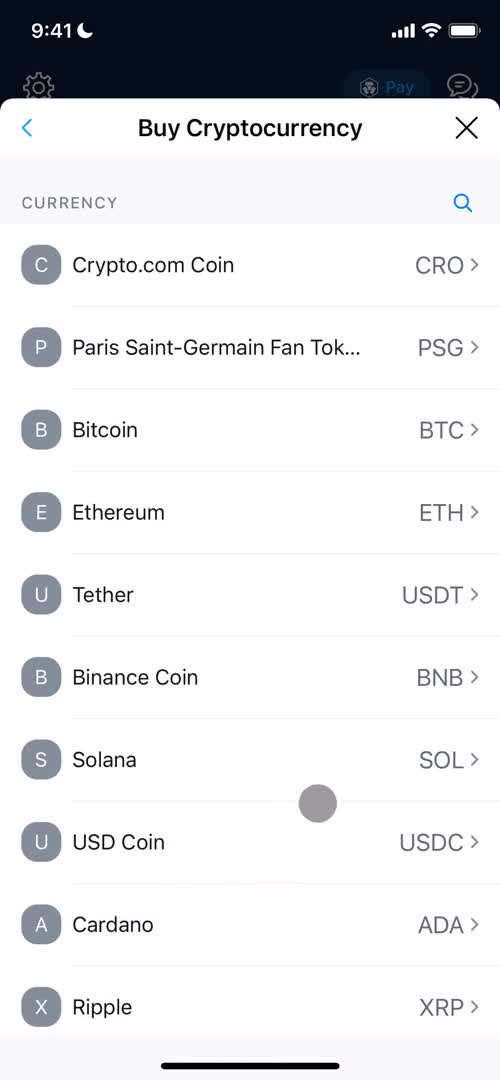Screenshot of Select currency on Buying crypto currency on Crypto.com user flow