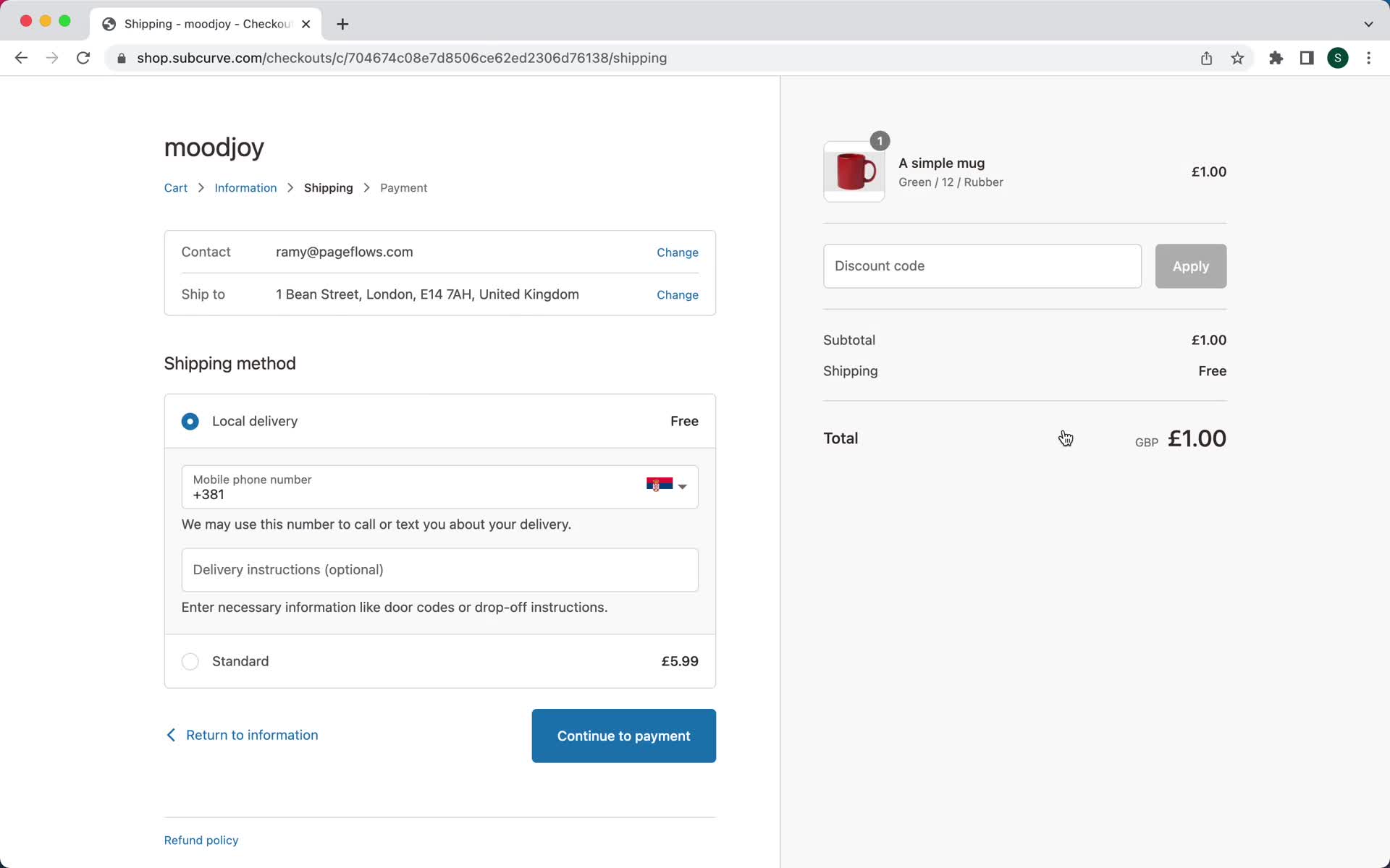 Screenshot of Checkout on Buying something on Shopify user flow