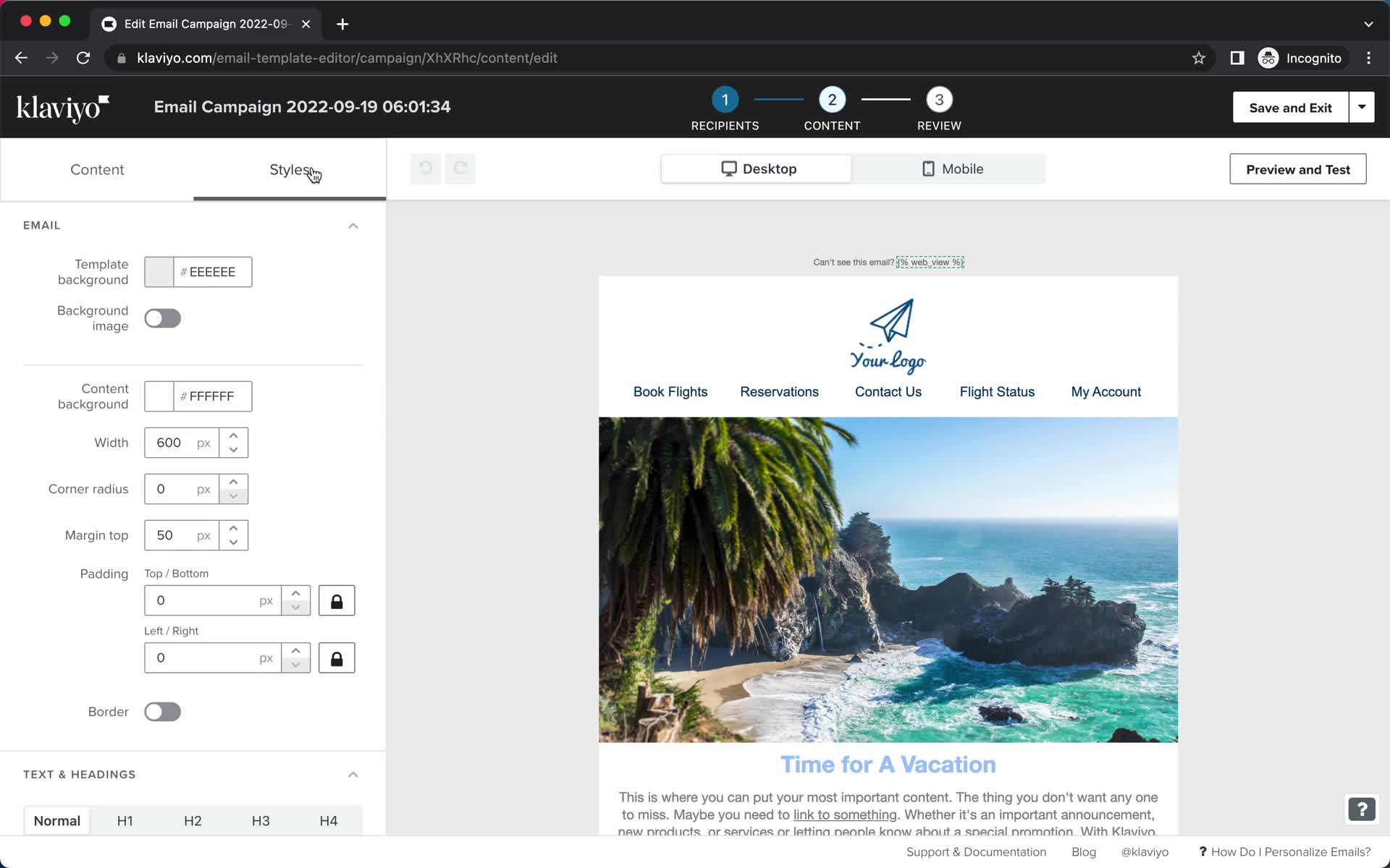 Creating an email campaign screenshot