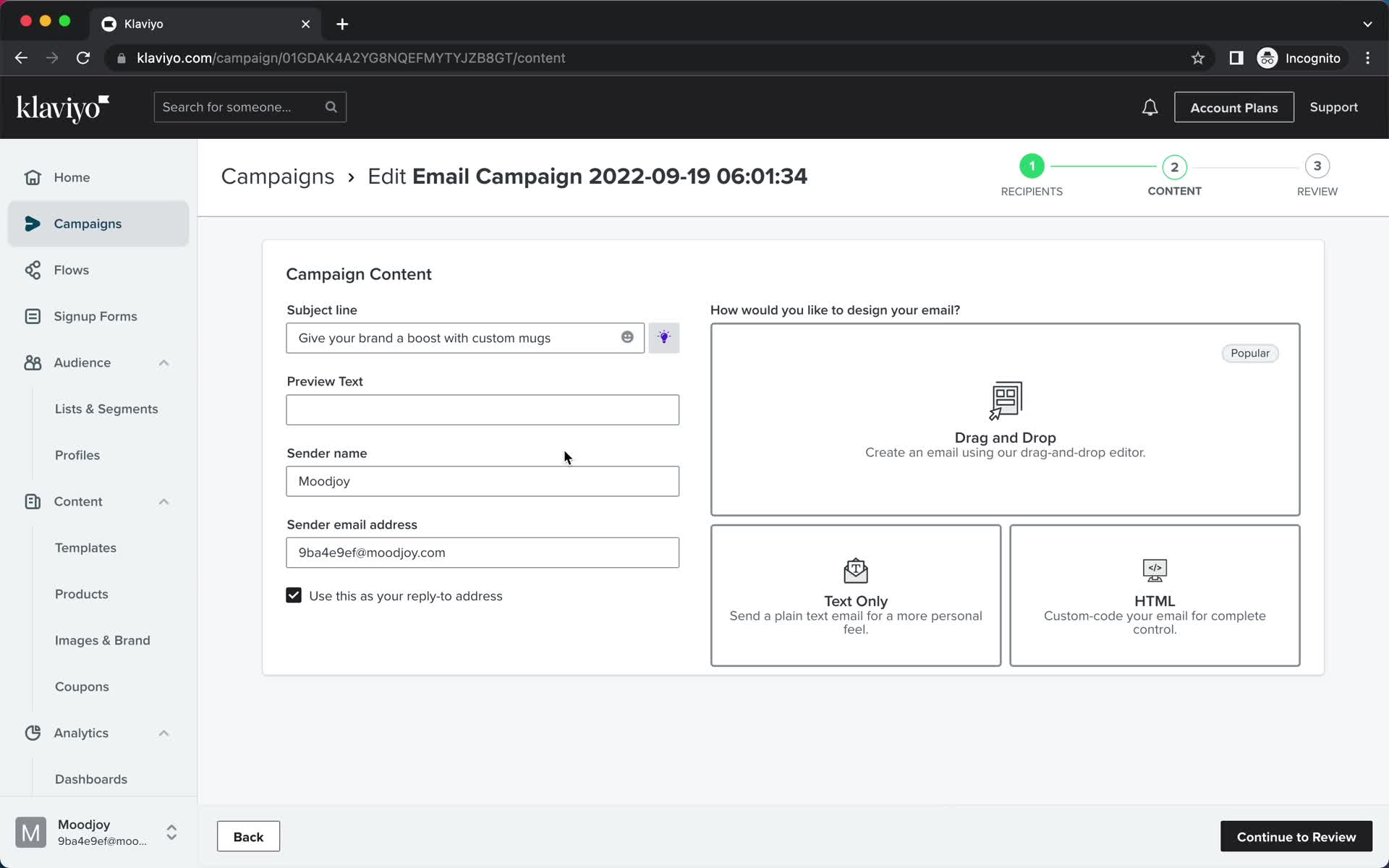 Creating an email campaign screenshot