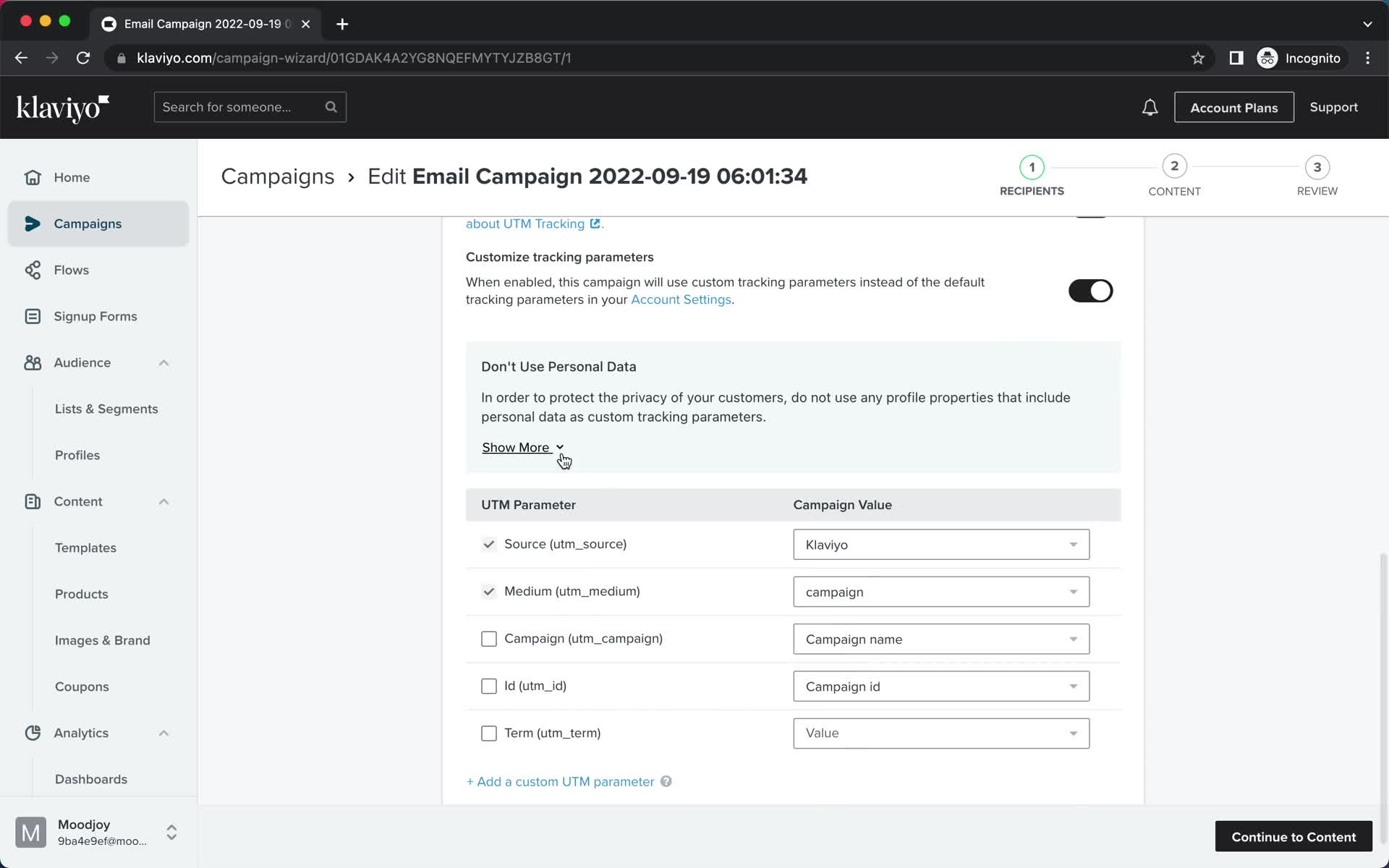 Creating an email campaign screenshot