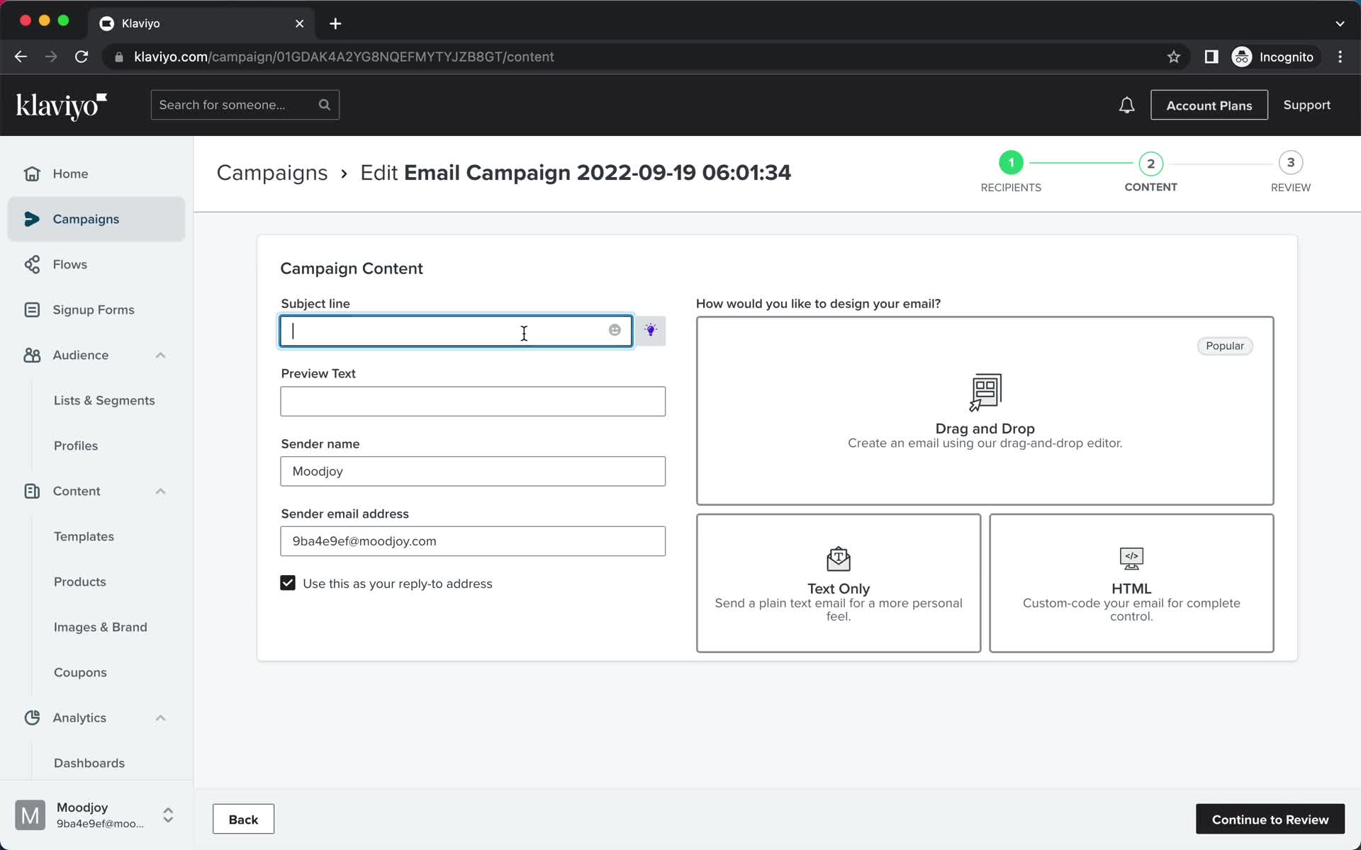 Creating an email campaign screenshot