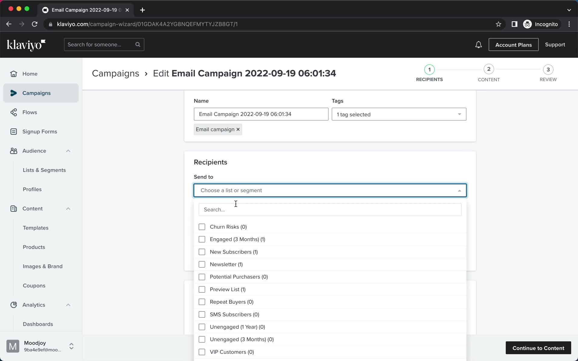 Creating an email campaign screenshot