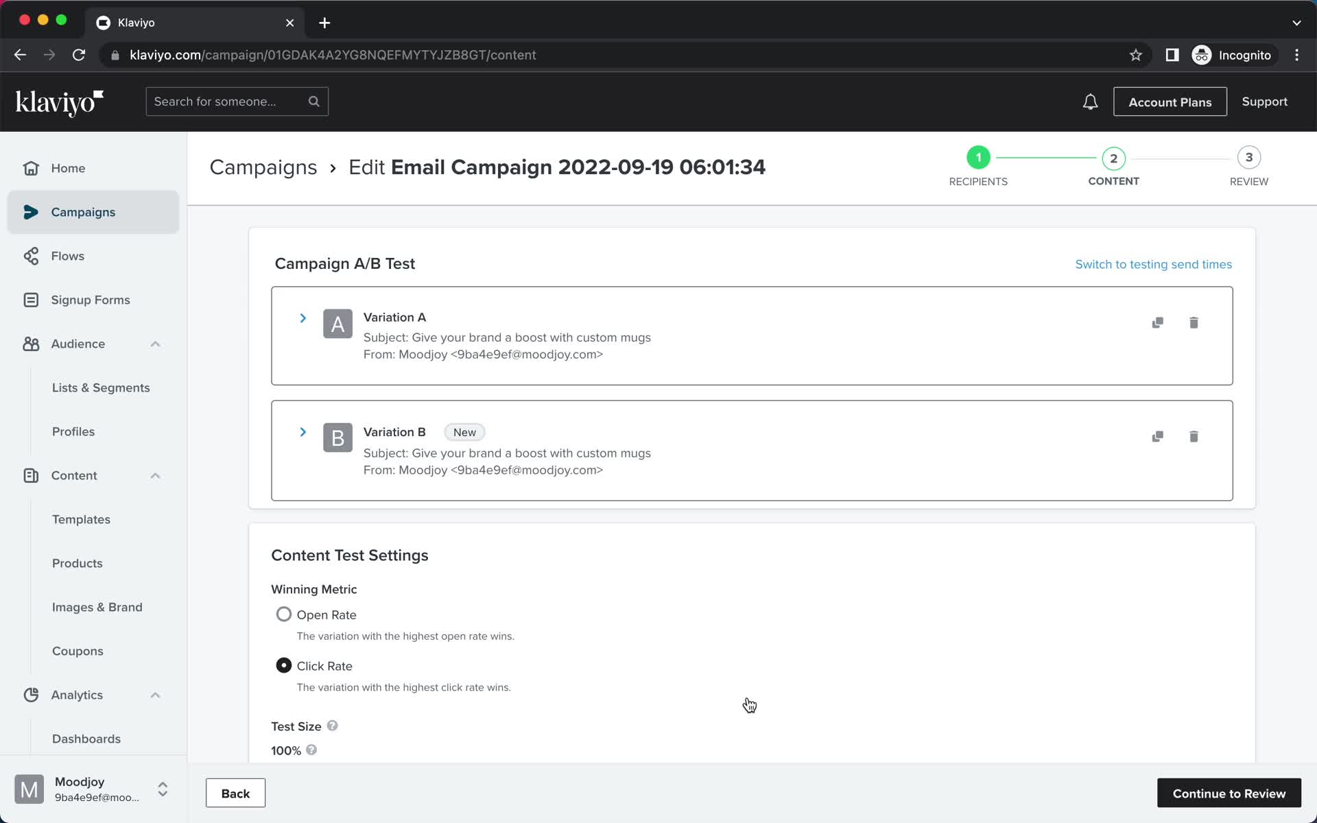 Creating an email campaign screenshot