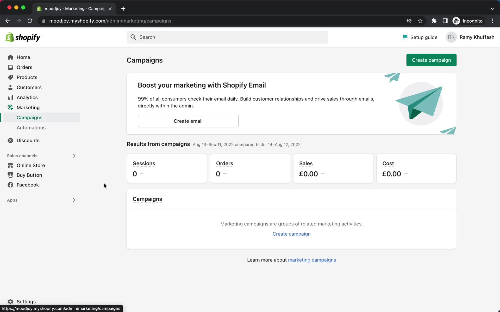 Screenshot of Email campaigns on Creating an email campaign on Shopify user flow