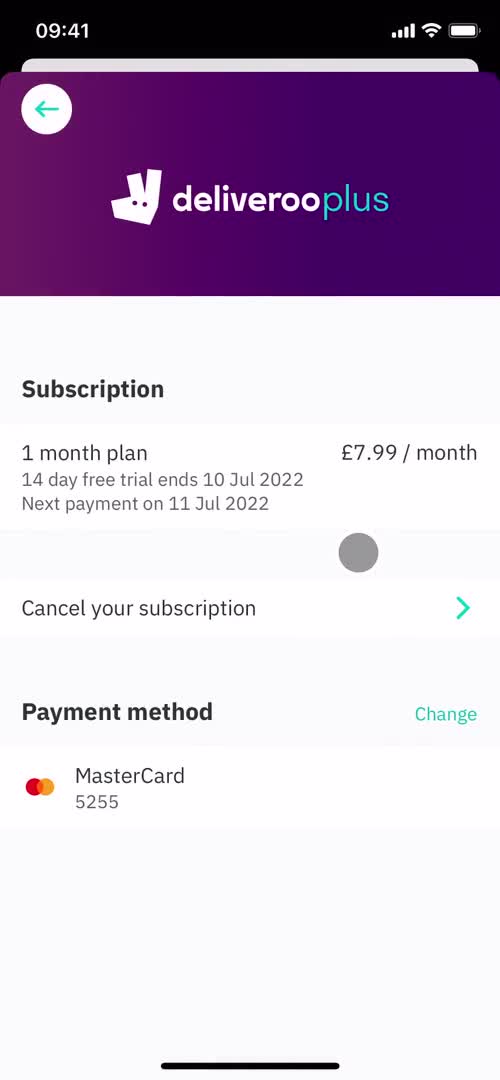 Screenshot of Subscription details on Cancelling your subscription on Deliveroo user flow