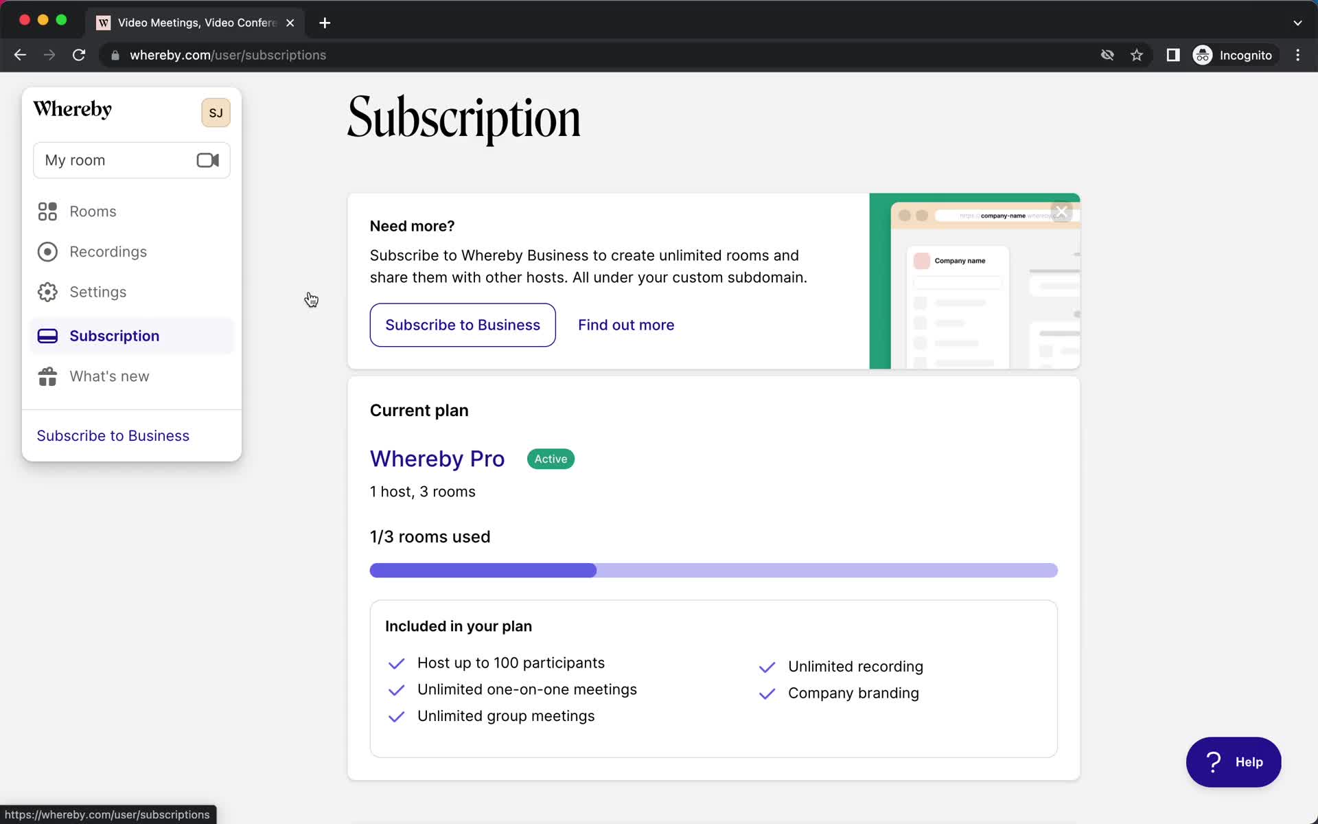 Screenshot of Subscription details on Cancelling your subscription on Whereby user flow