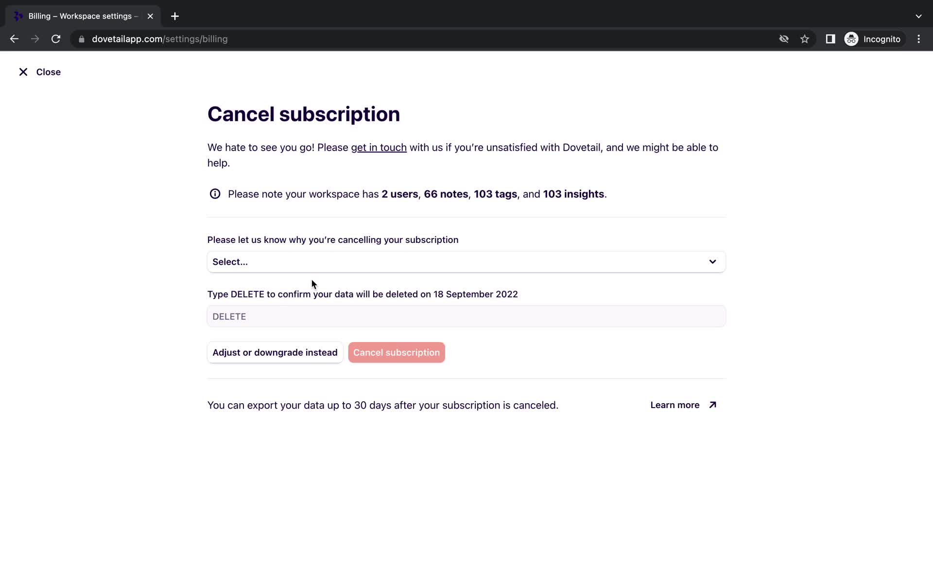 Cancelling your subscription screenshot