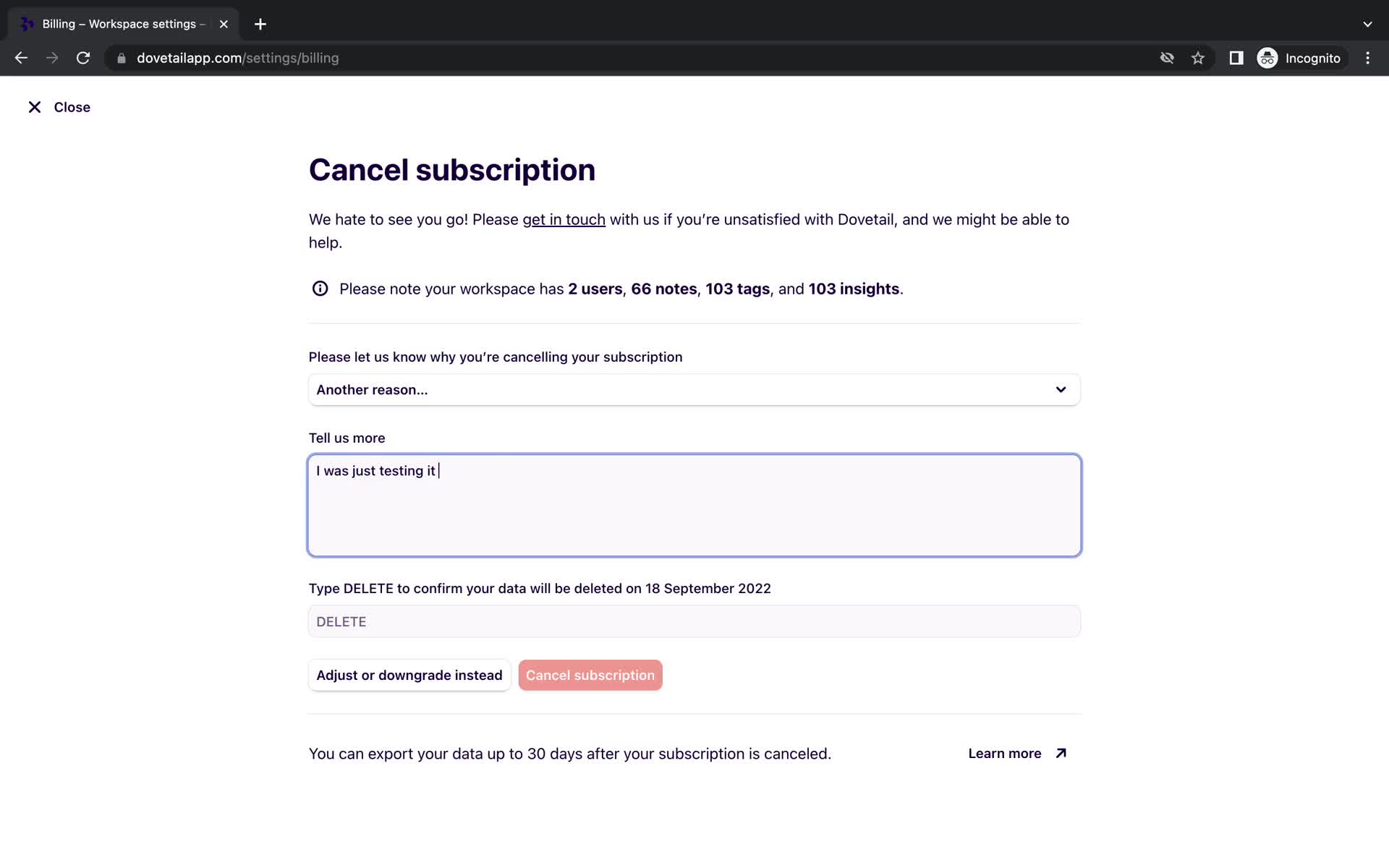 Cancelling your subscription screenshot