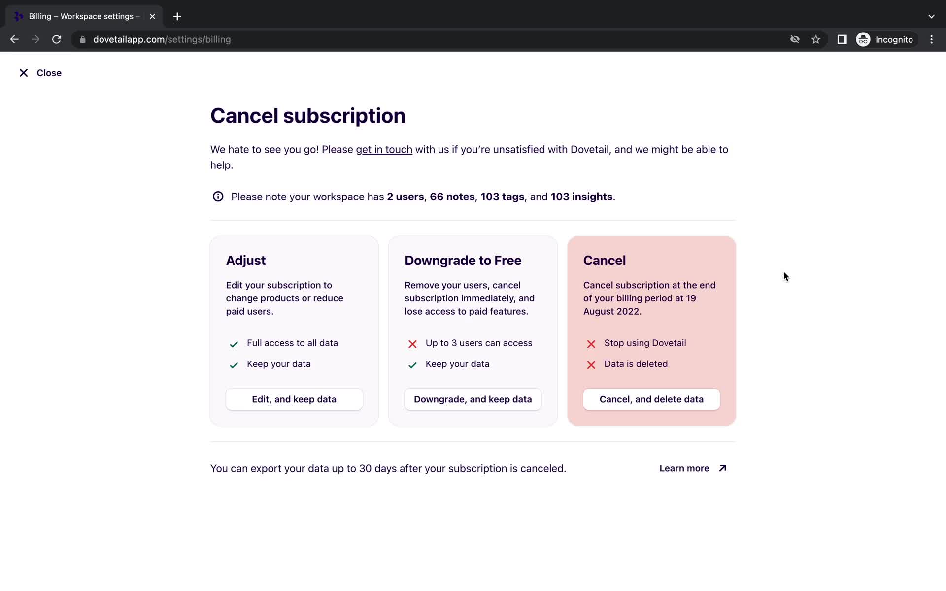 Cancelling your subscription screenshot