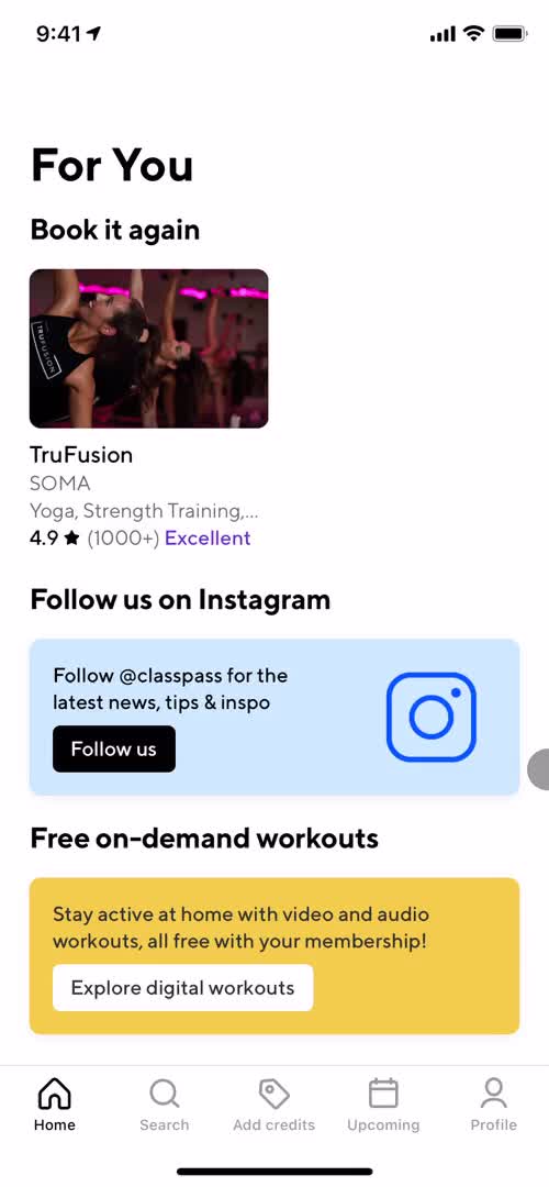 Screenshot of Home on Cancelling your subscription on ClassPass user flow