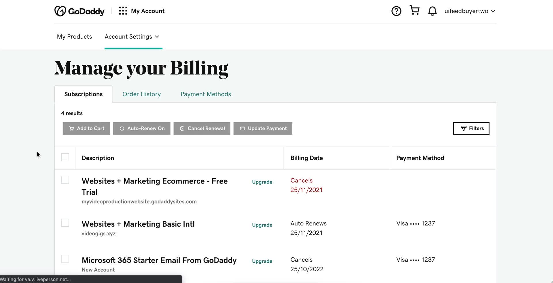 Screenshot of Billing on Cancelling your subscription on GoDaddy user flow