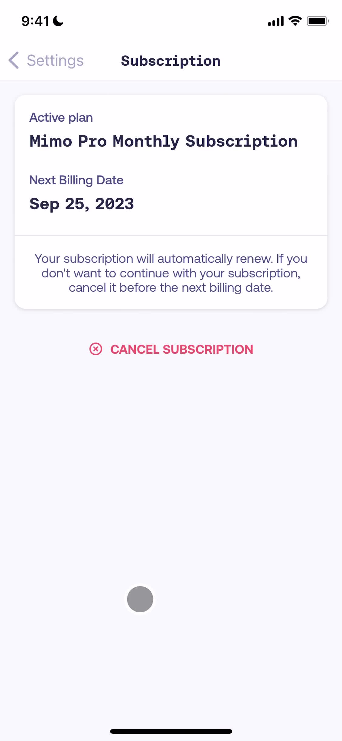 Cancelling your subscription screenshot