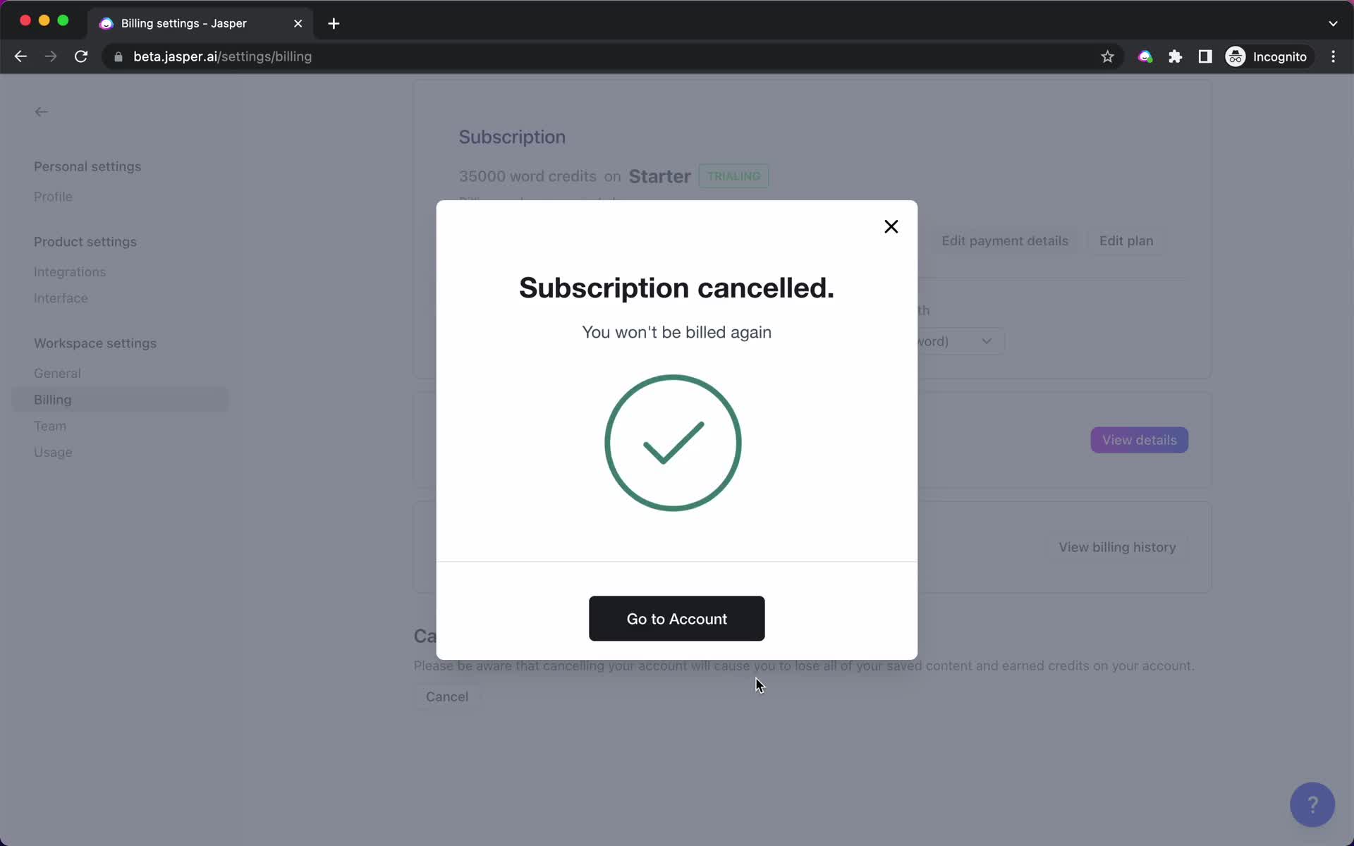 Cancelling your subscription screenshot