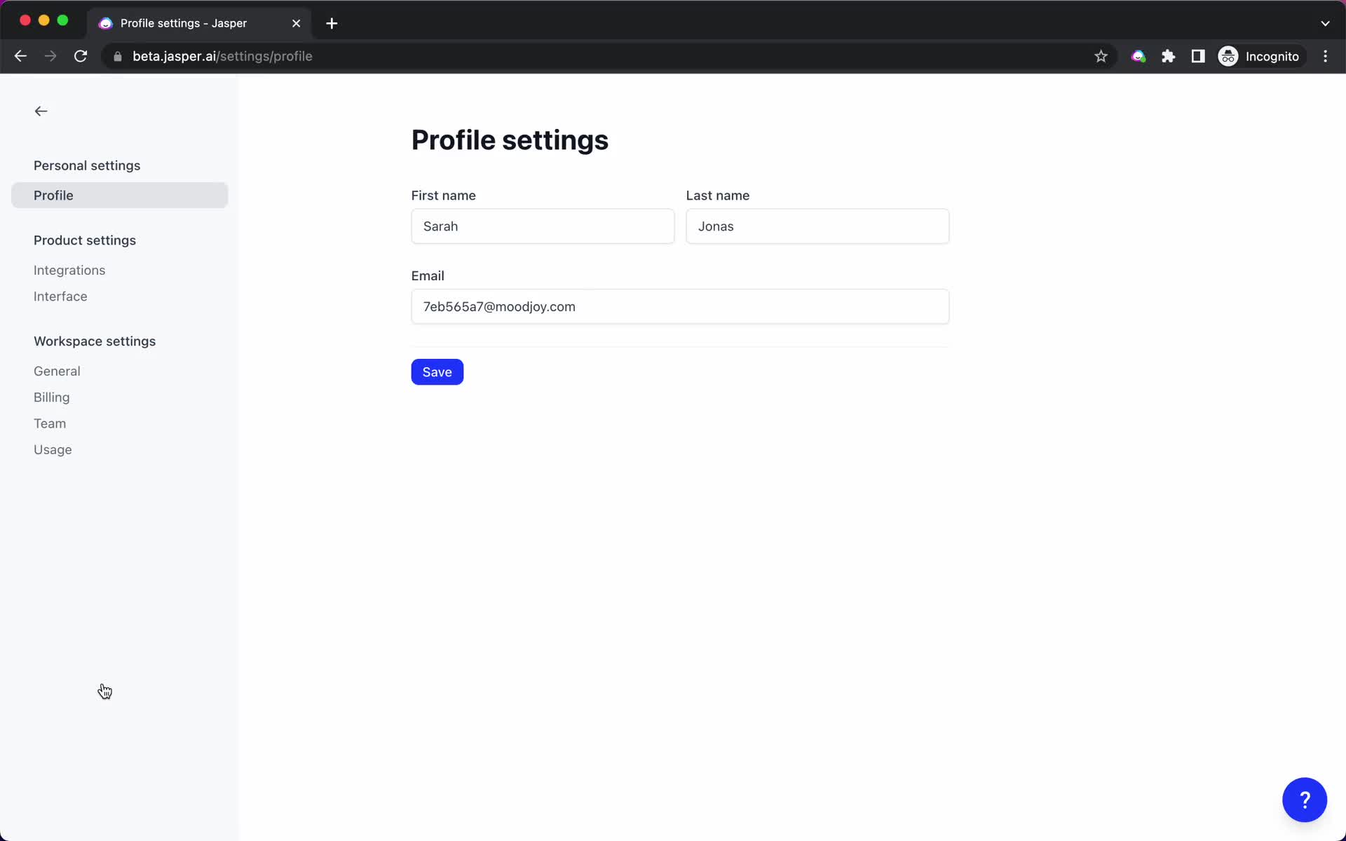 Screenshot of Profile settings on Cancelling your subscription on Jasper user flow