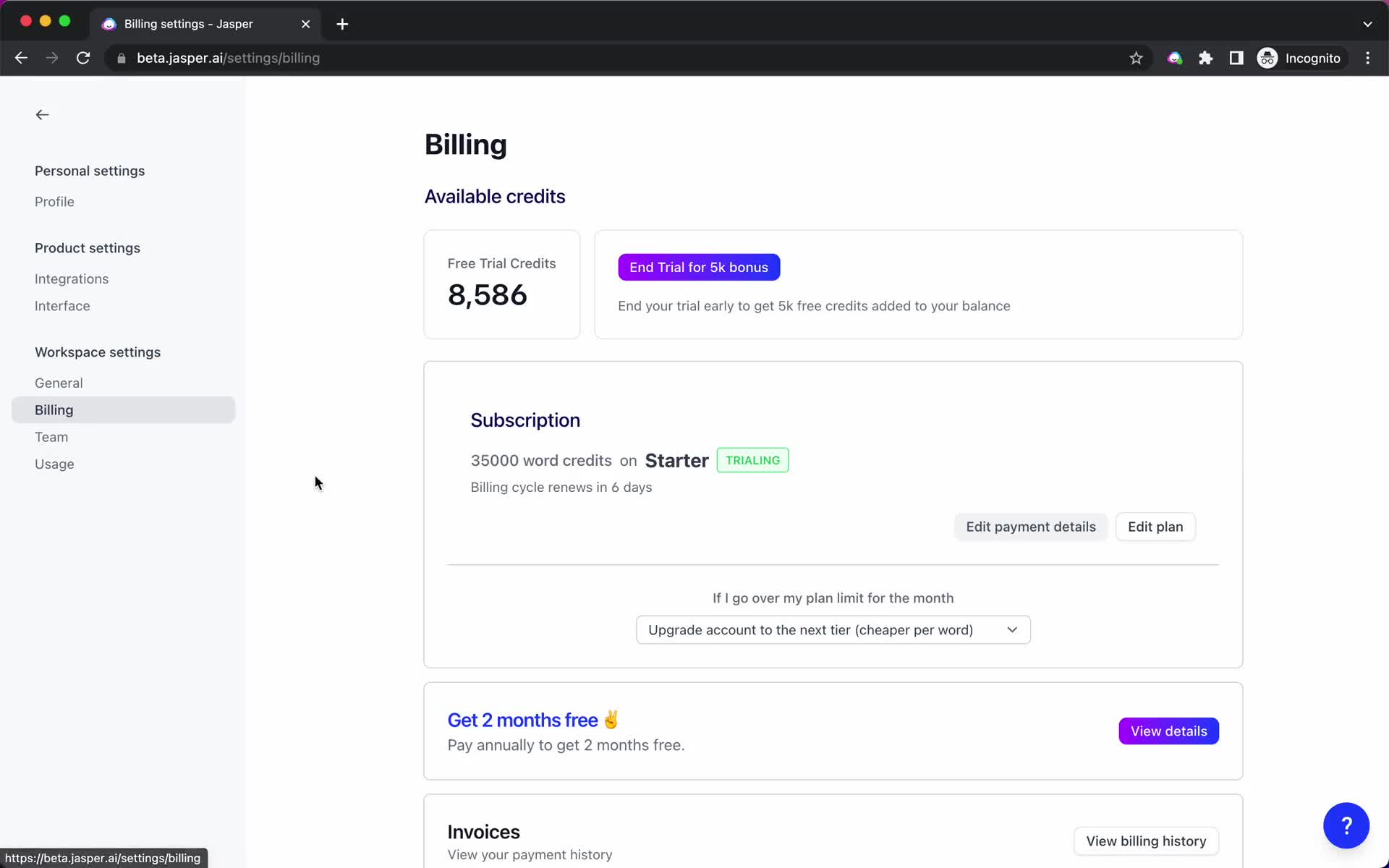 Screenshot of Billing on Cancelling your subscription on Jasper user flow