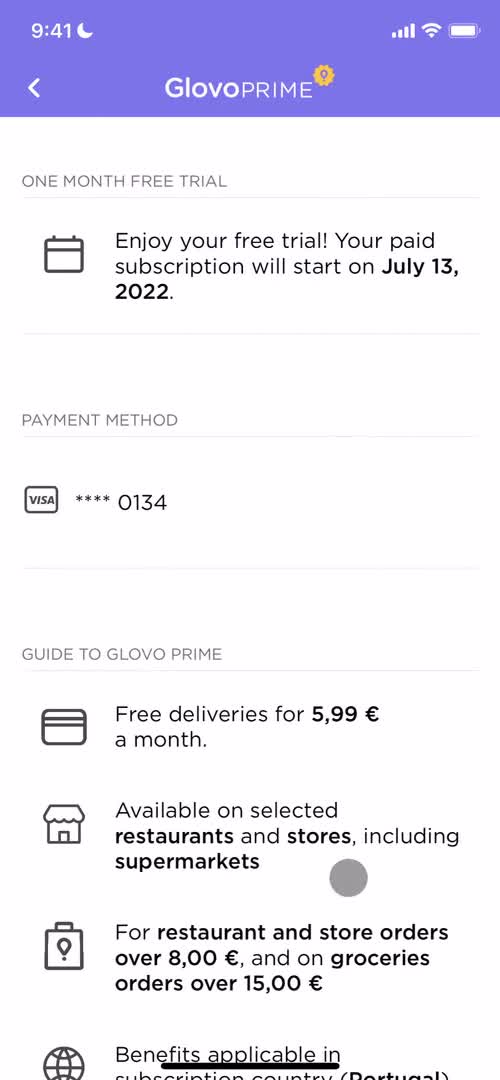 Screenshot of Subscription details on Cancelling your subscription on Glovo user flow
