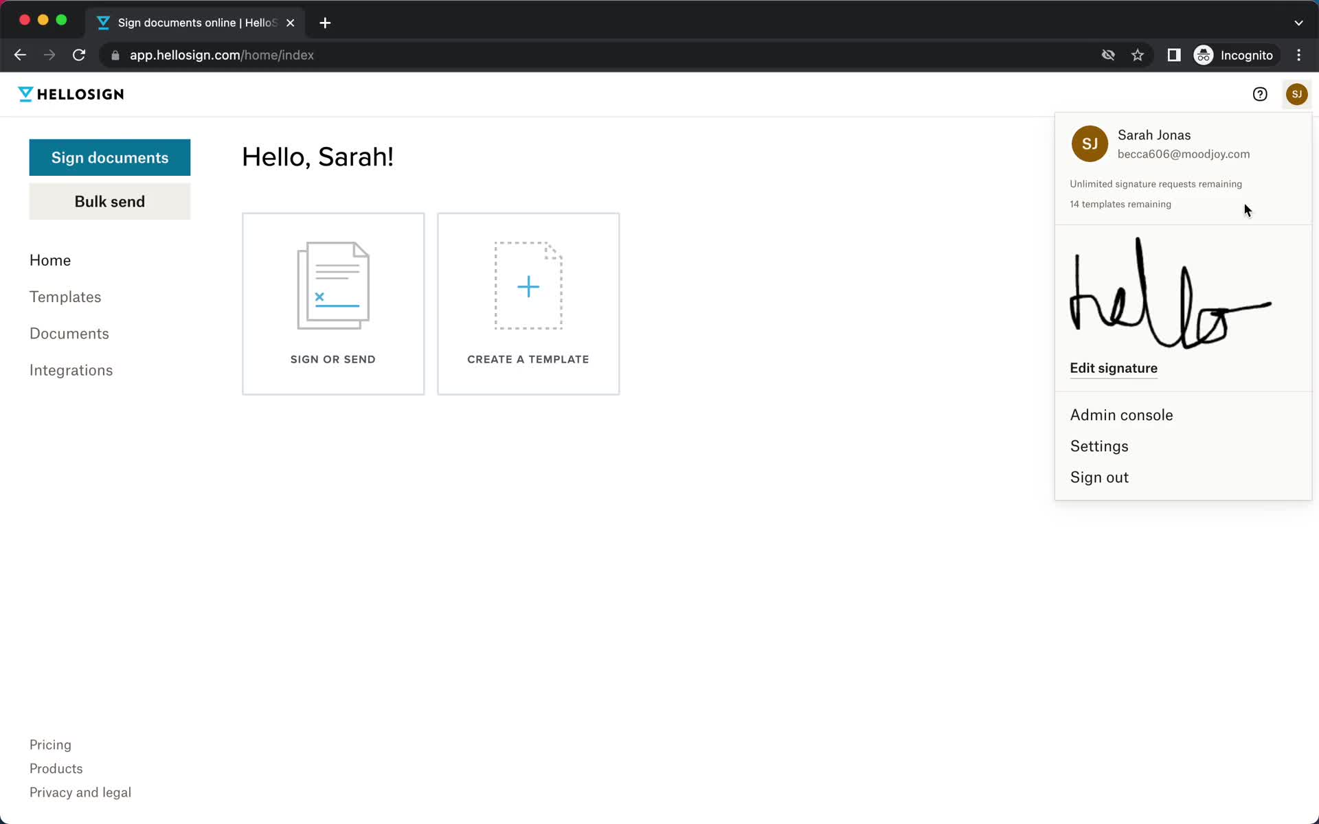 Screenshot of Account menu on Cancelling your subscription on HelloSign user flow
