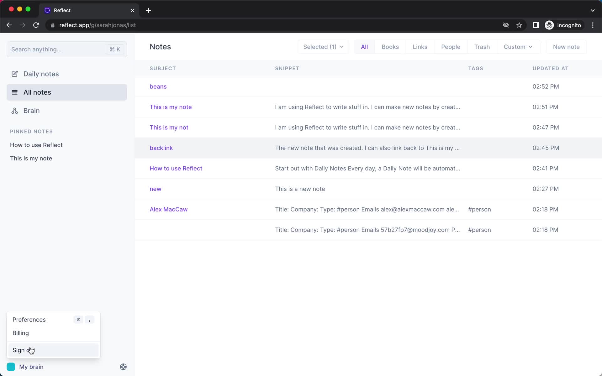Screenshot of Account menu on Cancelling your subscription on Reflect user flow