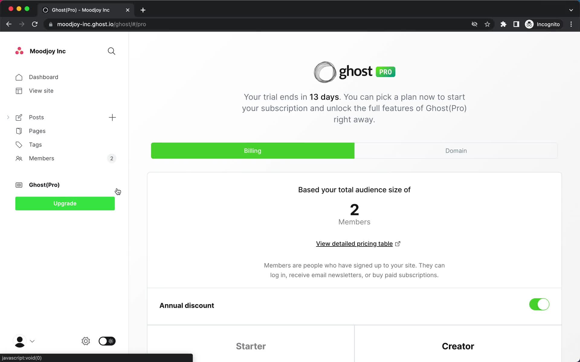Screenshot of Billing on Cancelling your subscription on Ghost user flow
