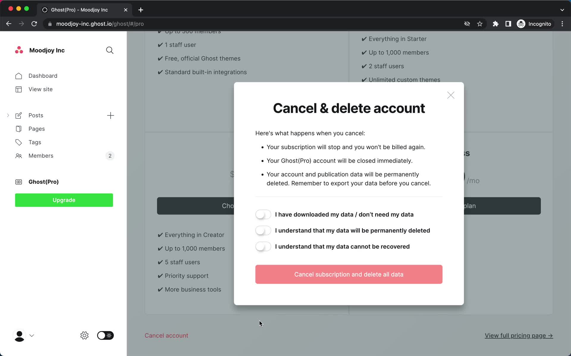 Screenshot of Cancel subscription on Cancelling your subscription on Ghost user flow