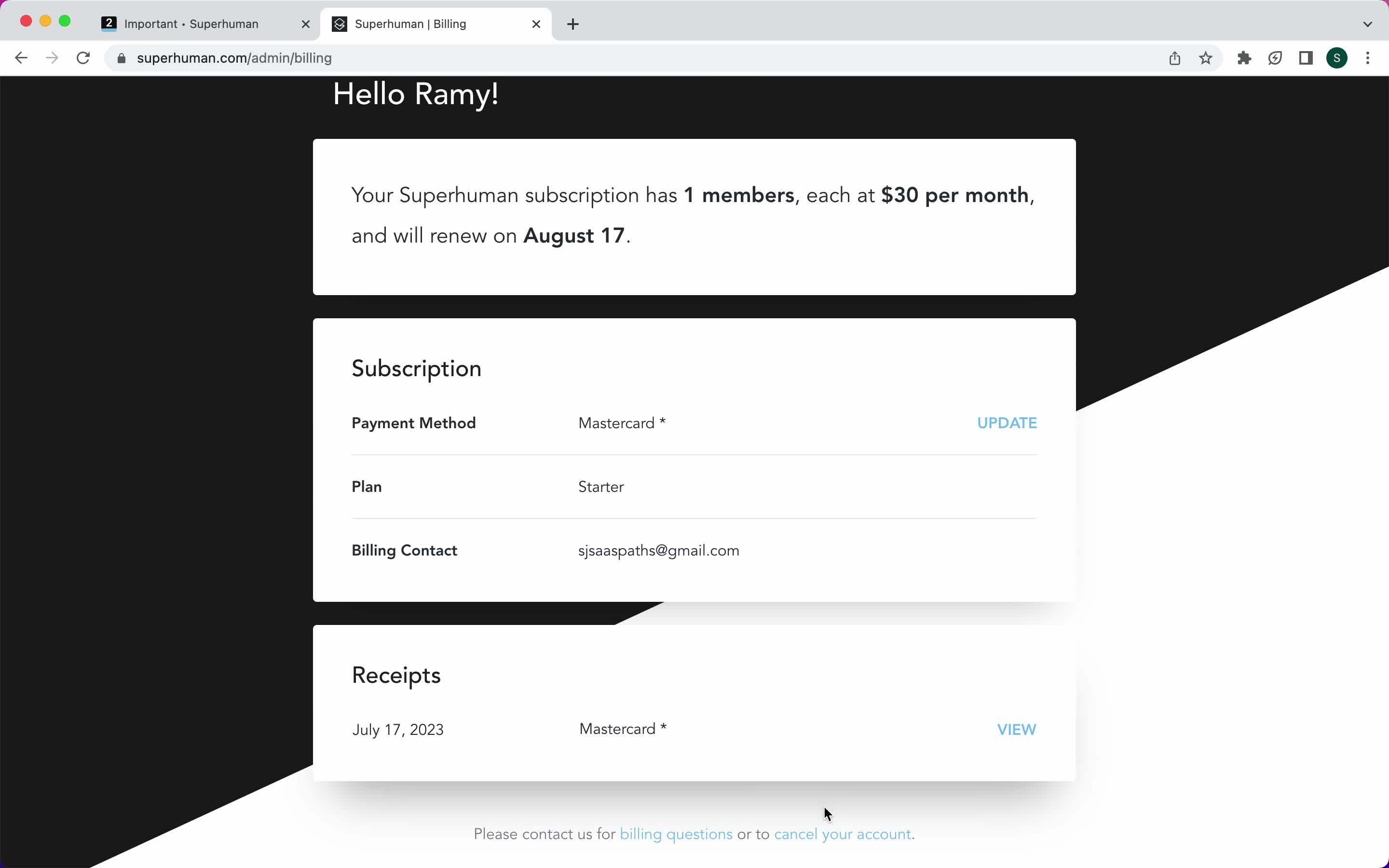Screenshot of Billing on Cancelling your subscription on Superhuman user flow