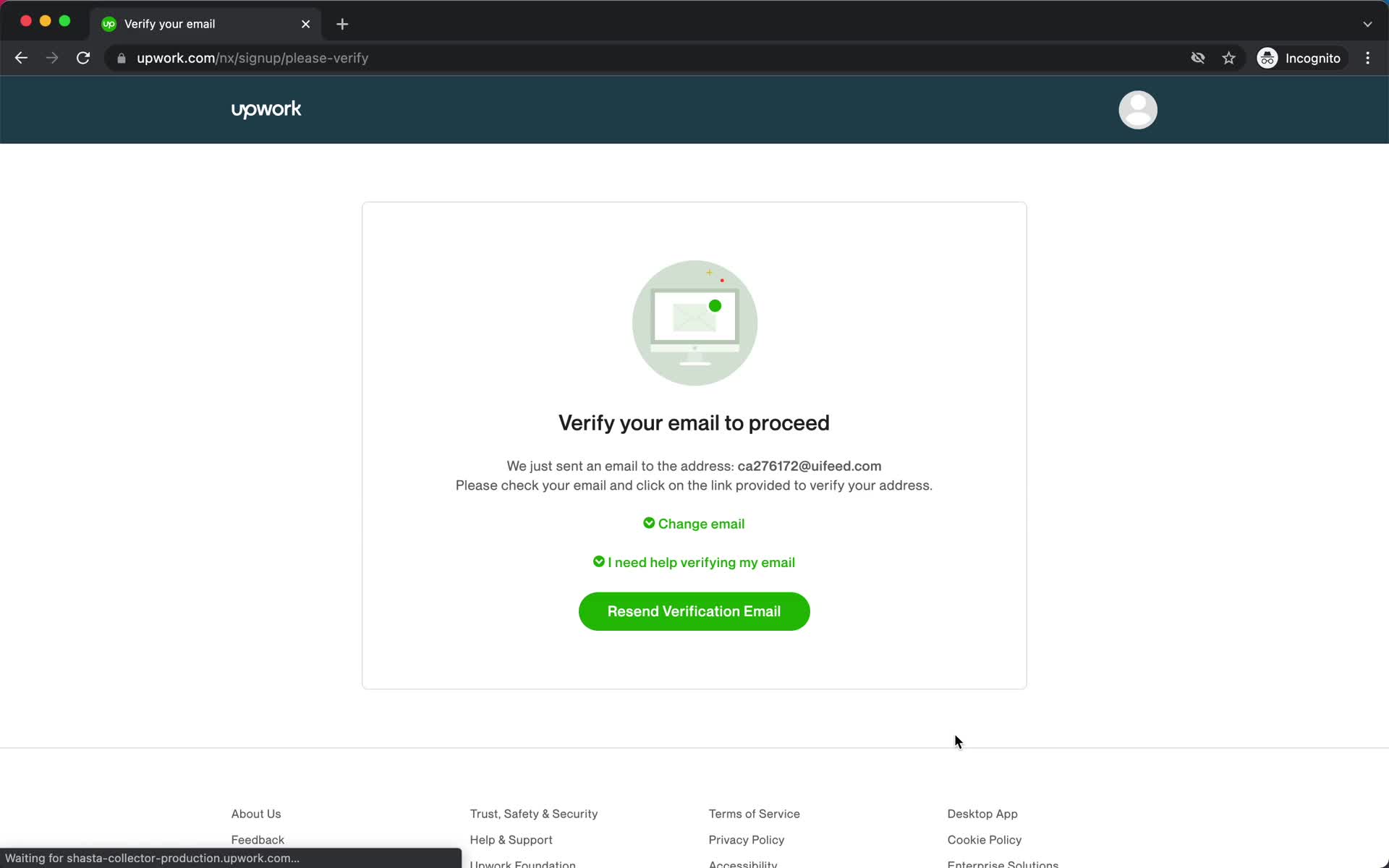 Screenshot of Check your inbox on Applying as a candidate on Upwork user flow