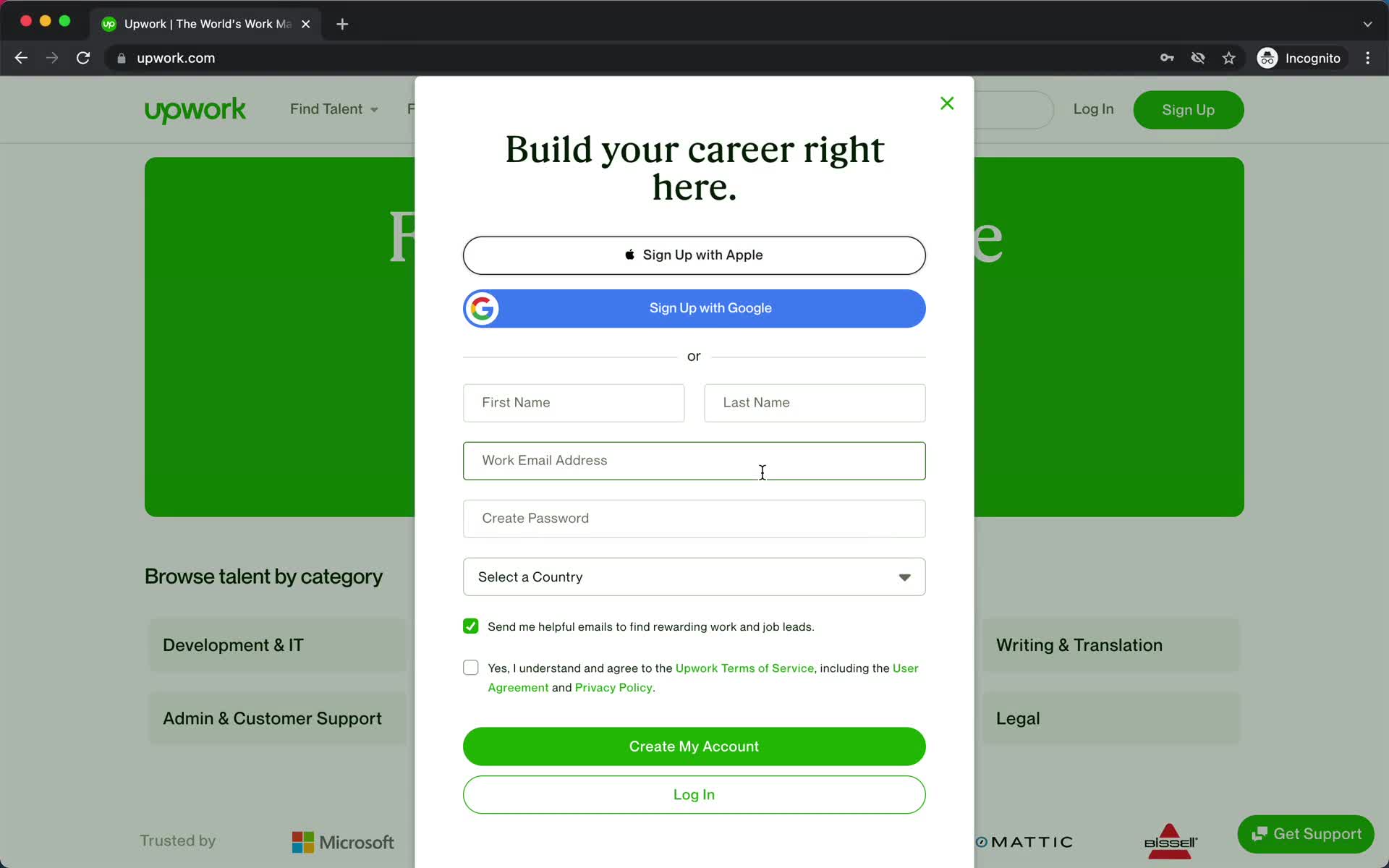 Screenshot of Sign up on Applying as a candidate on Upwork user flow