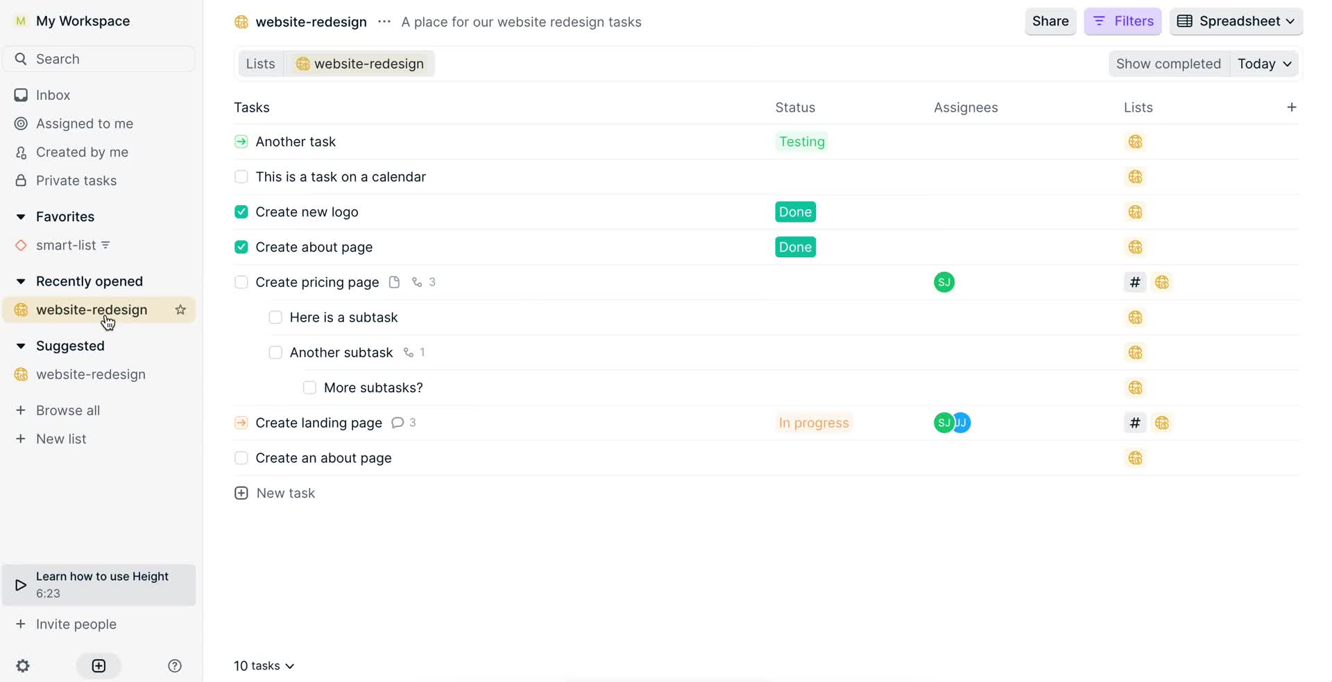 Screenshot of Project on Chat on Height user flow