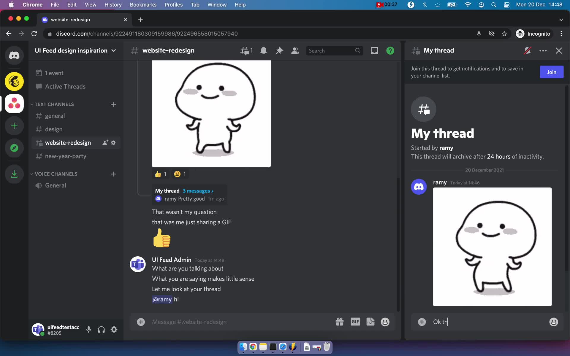 Screenshot of Thread on Chat on Discord user flow
