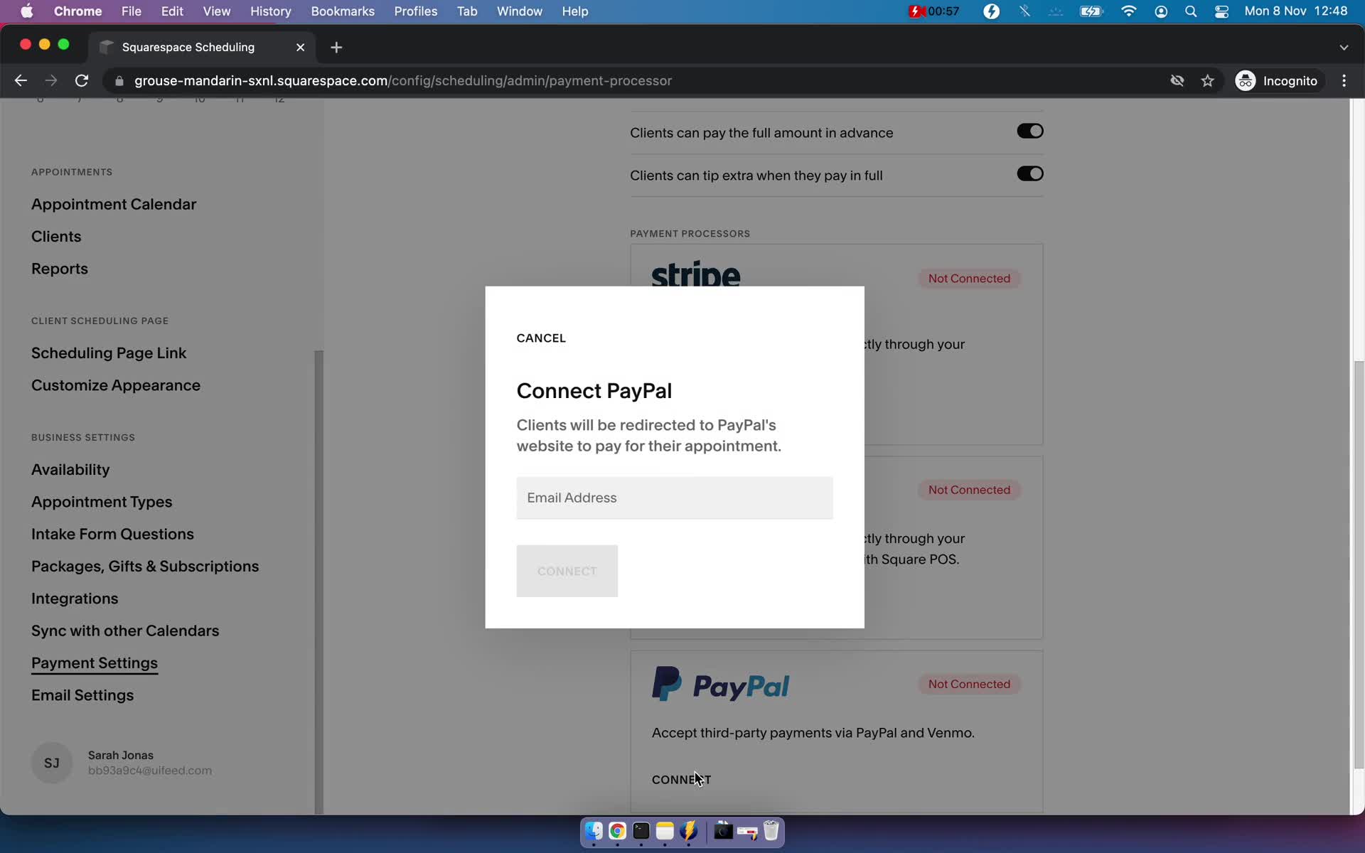 Connecting payment provider screenshot