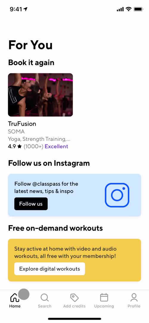 Screenshot of Home on Discovering content on ClassPass user flow