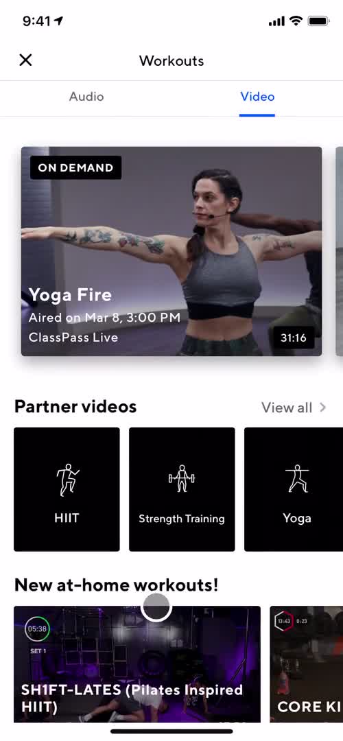 Screenshot of Workouts on Discovering content on ClassPass user flow