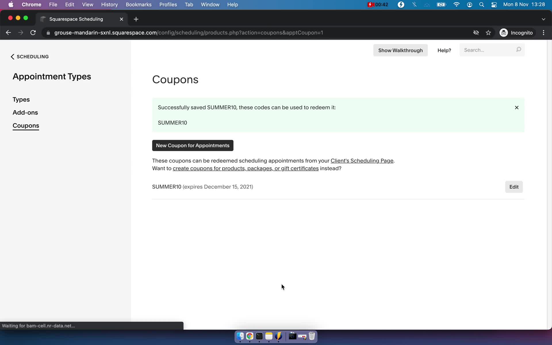 Creating a discount code screenshot