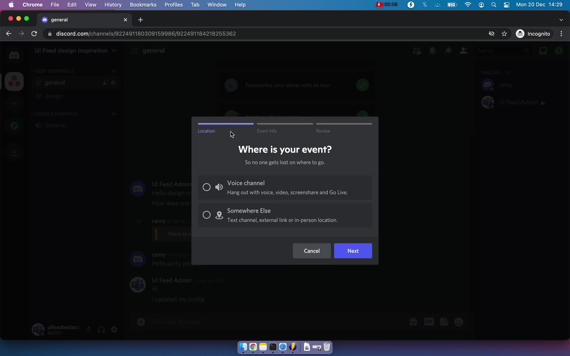 Screenshot of Create event on Creating an event on Discord user flow