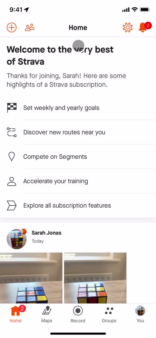 Screenshot of Home on Creating a group on Strava user flow