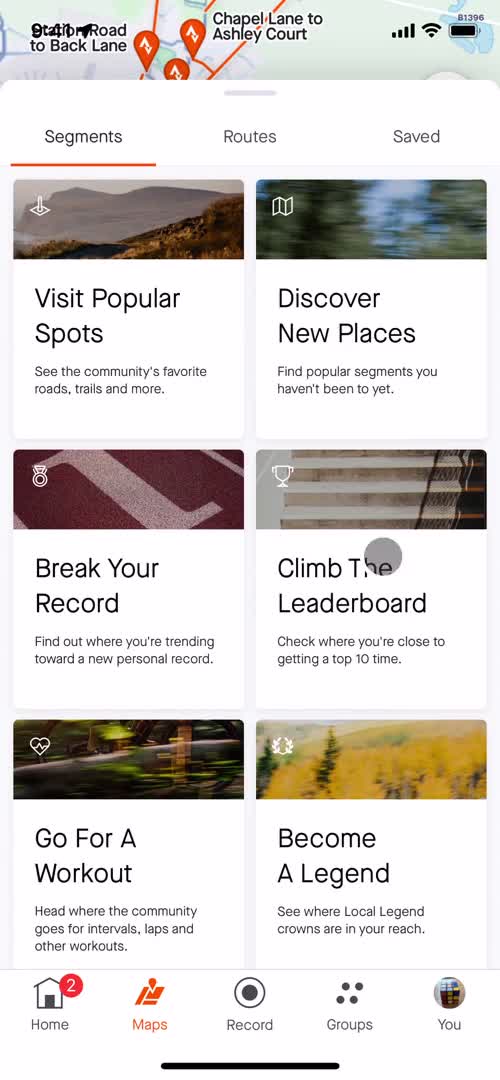 Screenshot of Segments on Creating a route on Strava user flow