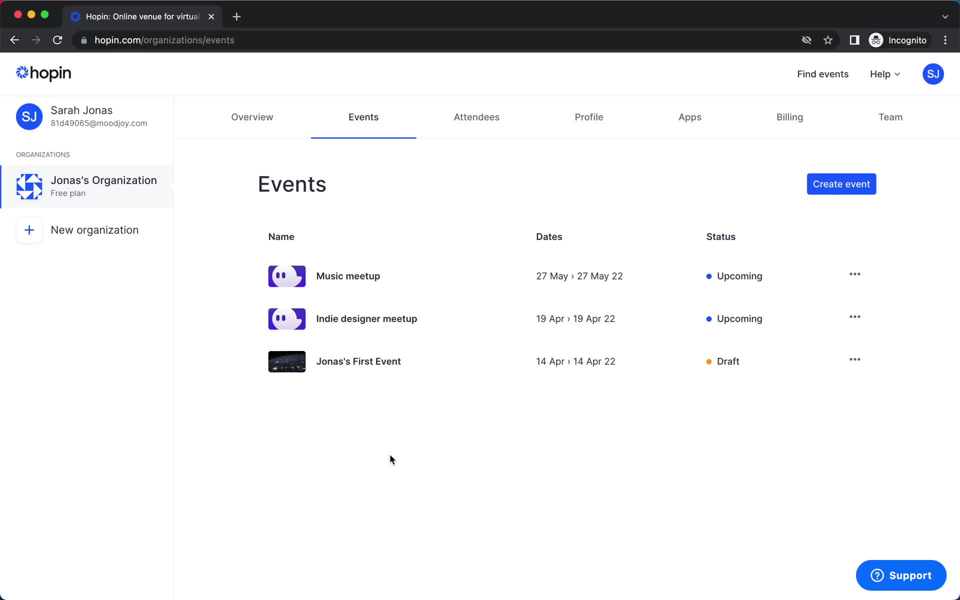Screenshot of Events on Creating a schedule on Hopin user flow