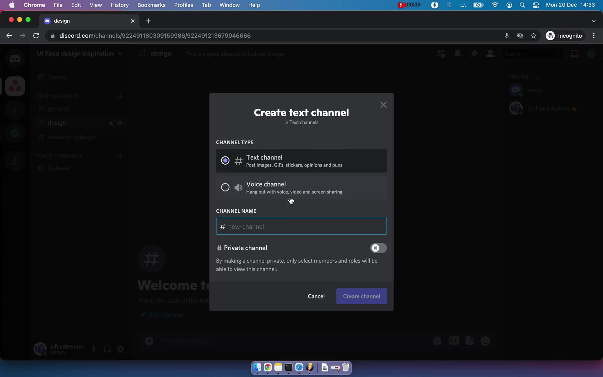 Screenshot of Create channel on Creating a channel on Discord user flow