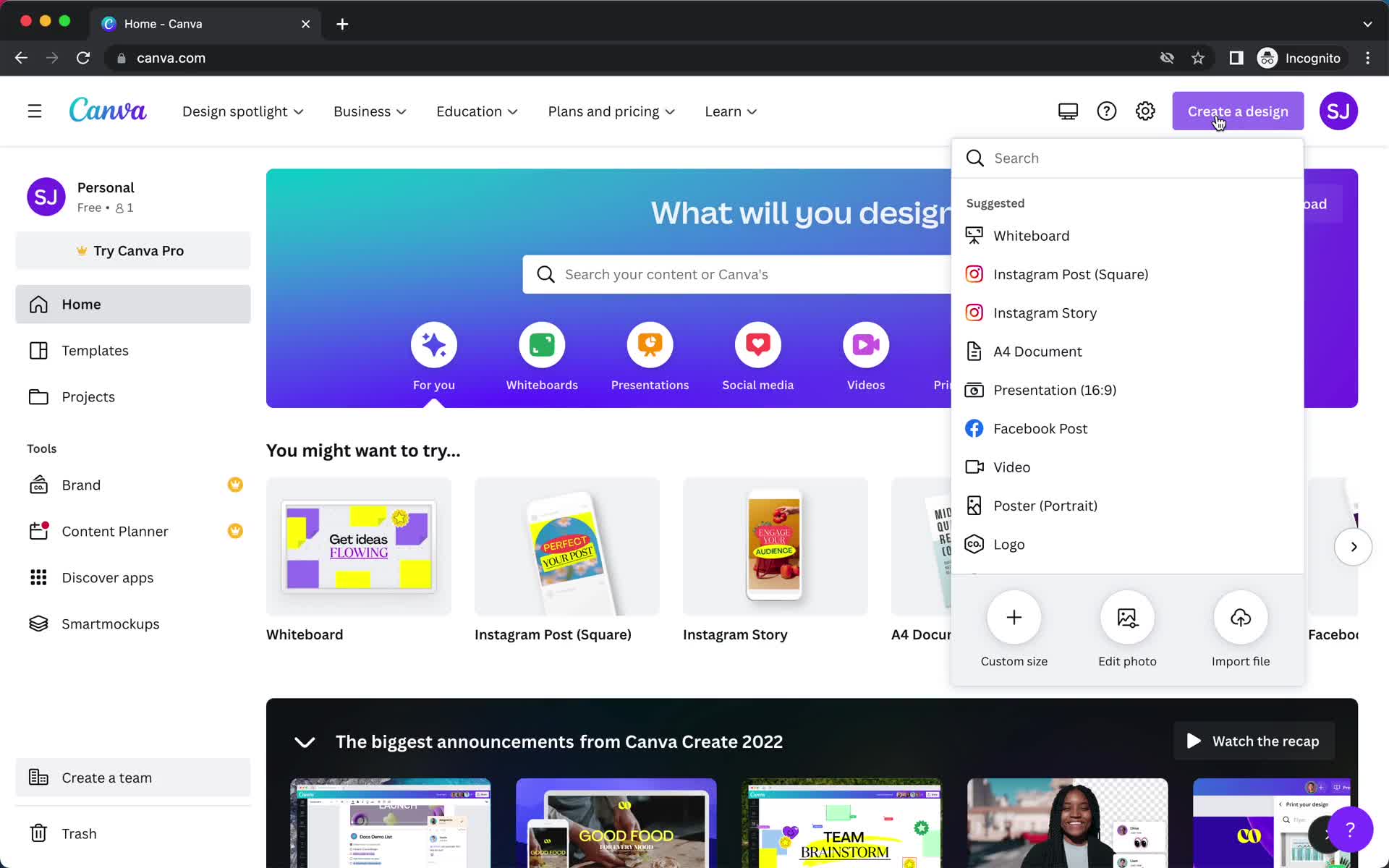Screenshot of Create menu on Creating a design on Canva user flow
