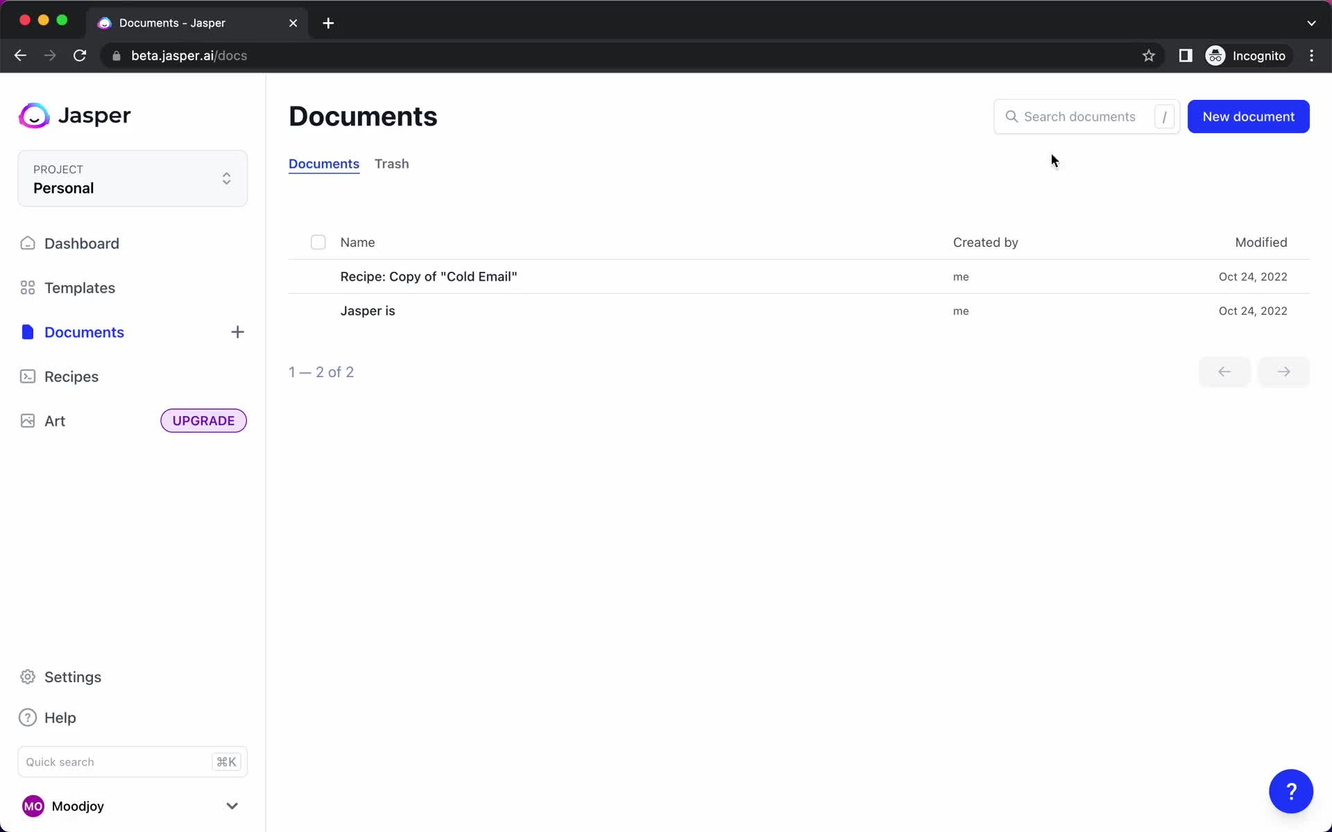 Screenshot of Documents on Creating a document on Jasper user flow