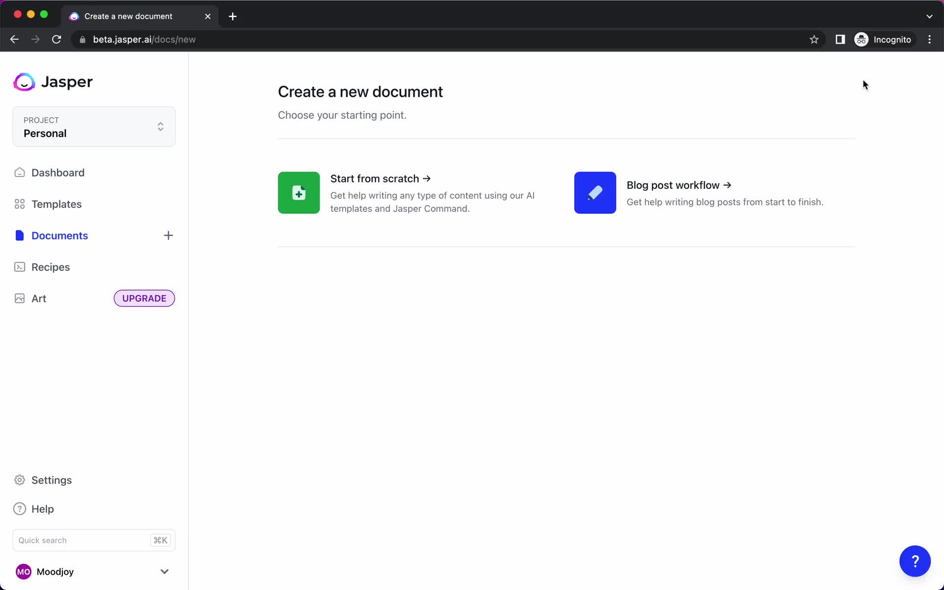 Screenshot of Create document on Creating a document on Jasper user flow