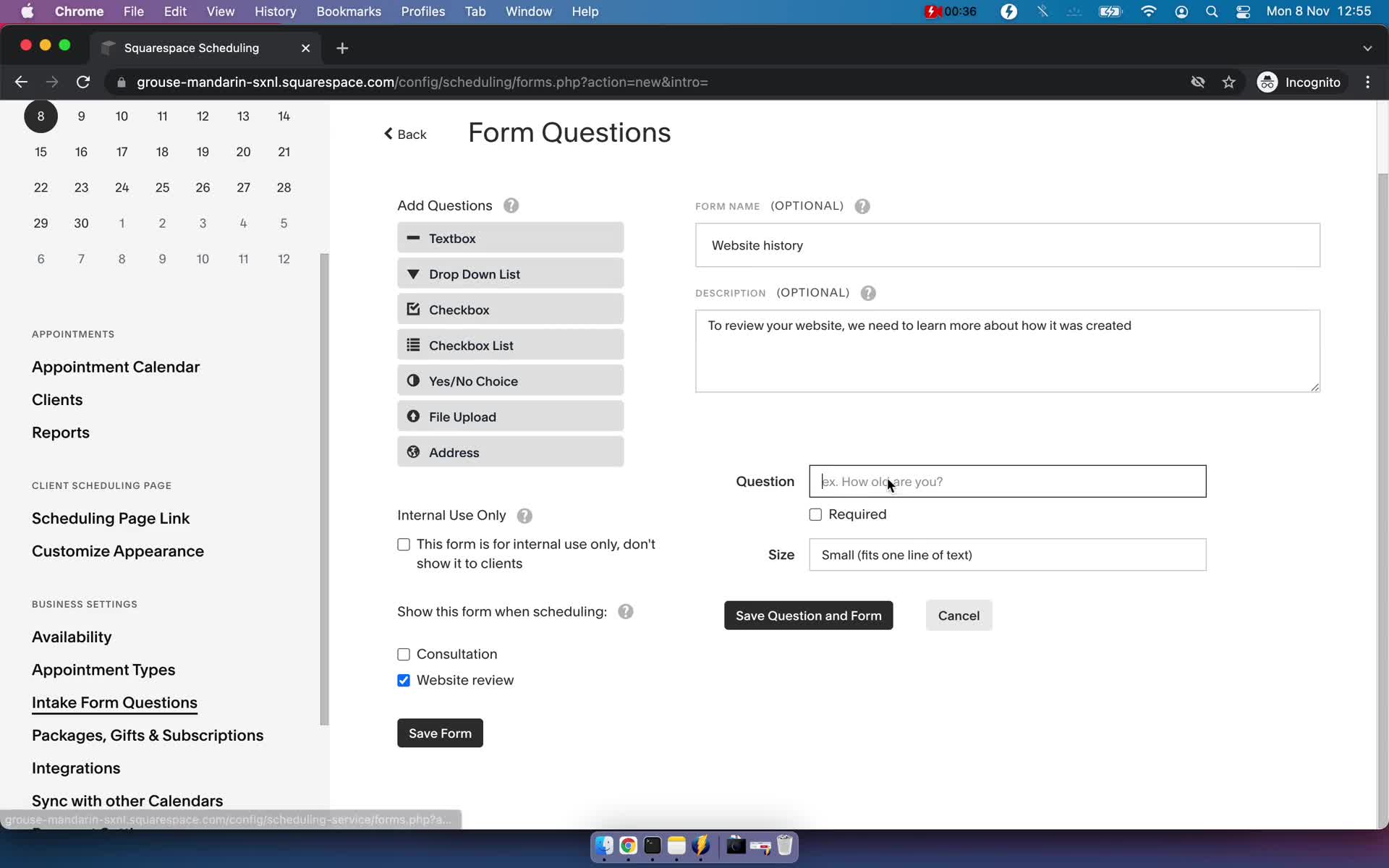 Creating a form screenshot