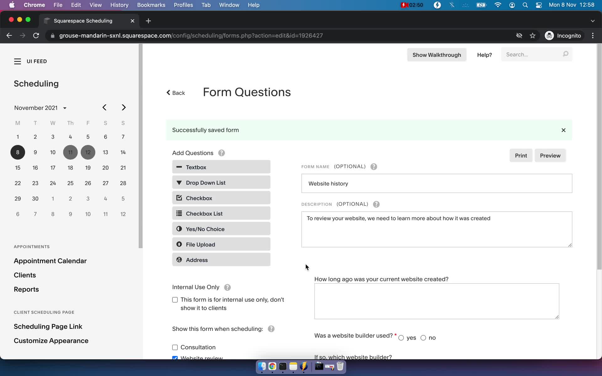 Creating a form screenshot