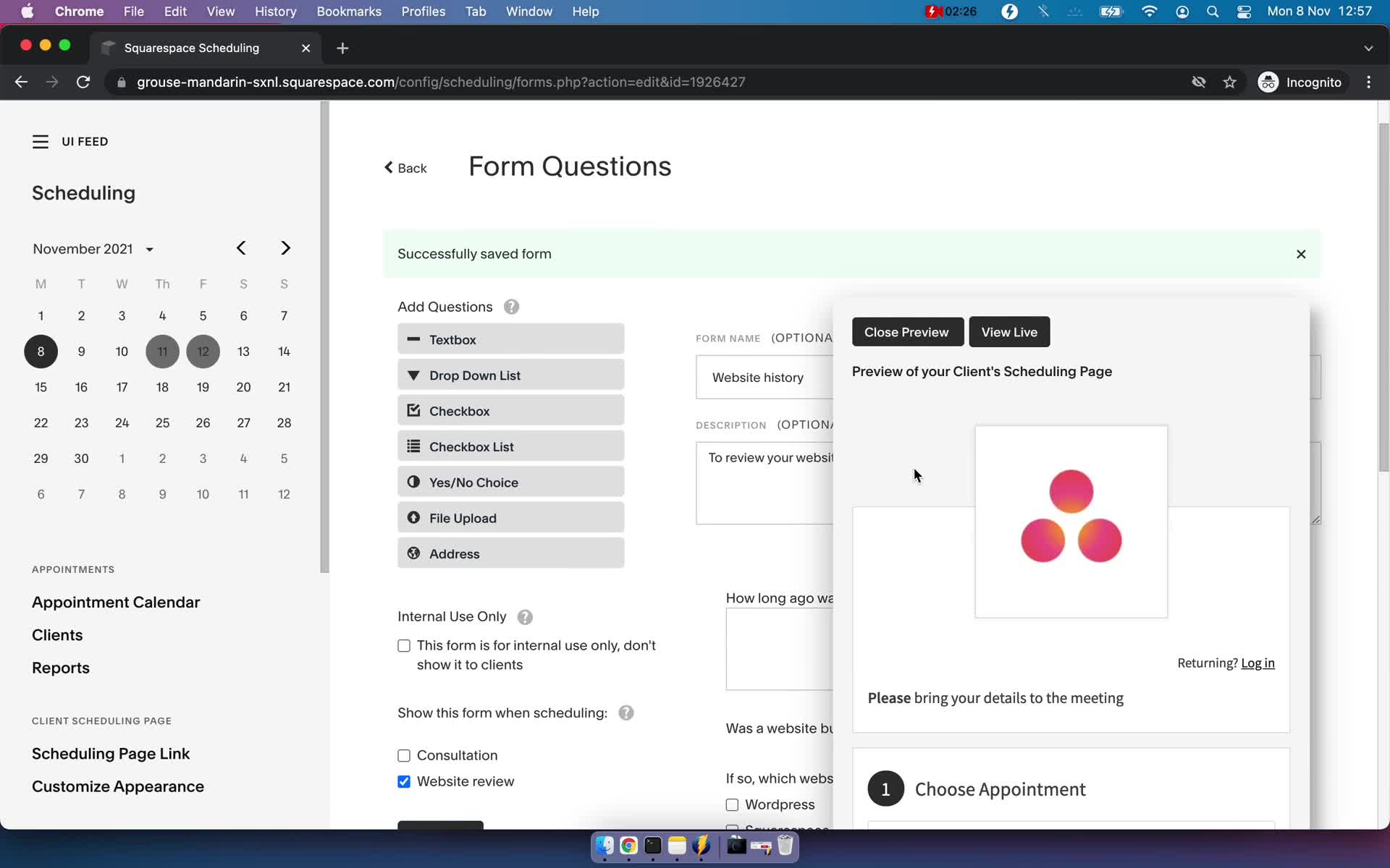 Creating a form screenshot