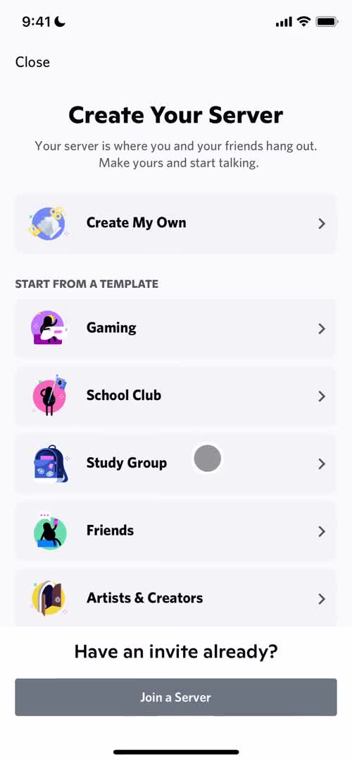 Screenshot of Create server on Creating a group on Discord user flow